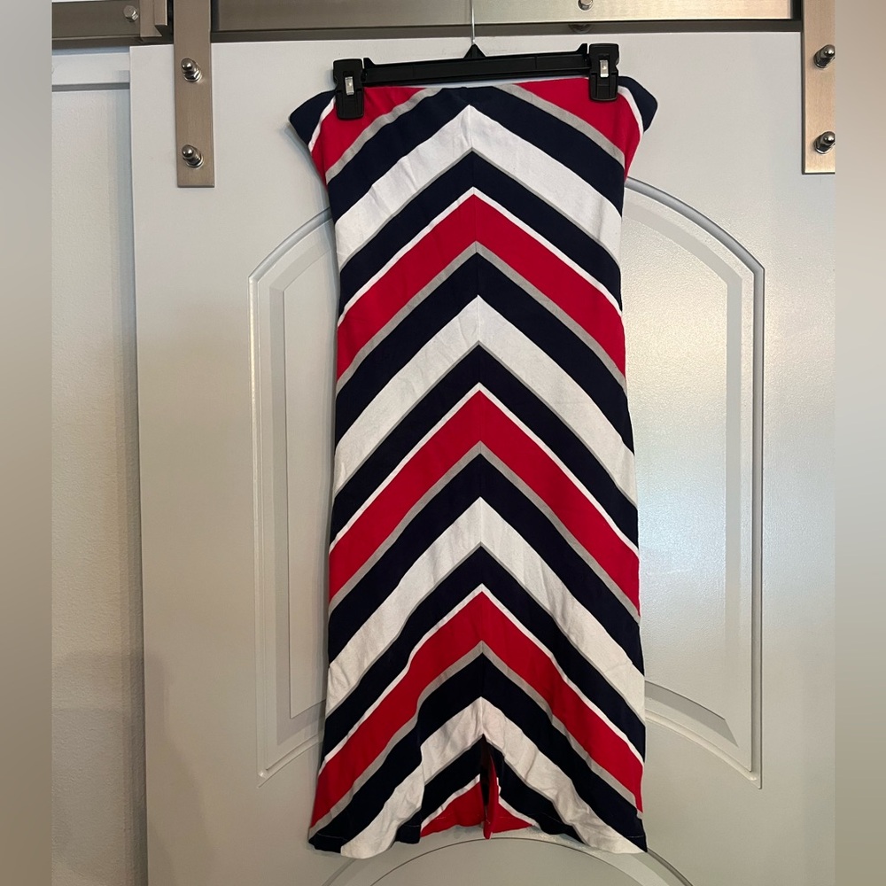 Vintage Tommy Hilfiger chevron striped red, cream and blue strapless dress